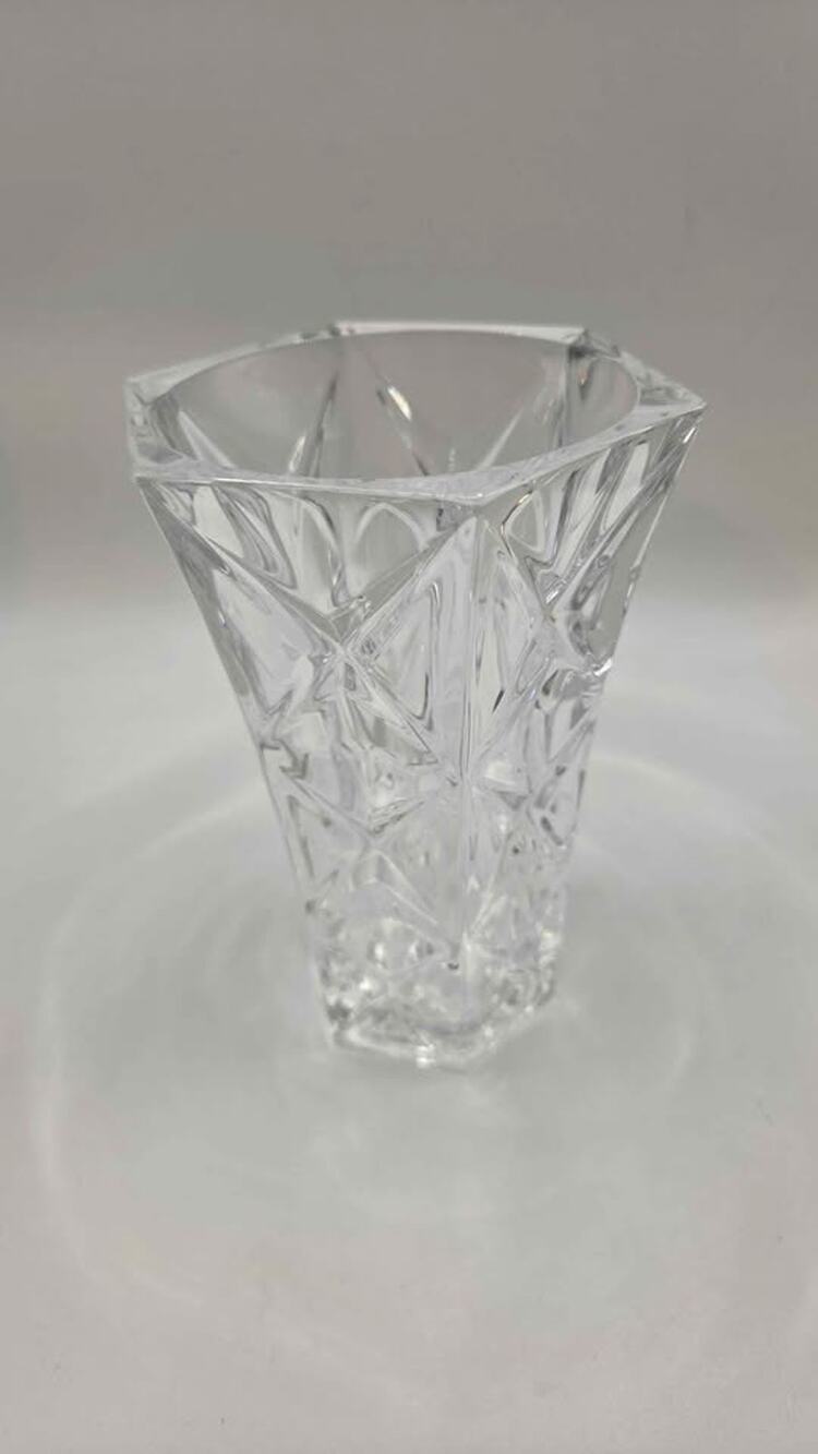 Heavy Clear Cut Lead Crystal Hexagonal Flower Vase 5" Geometric Starburst - Picture 1 of 6
